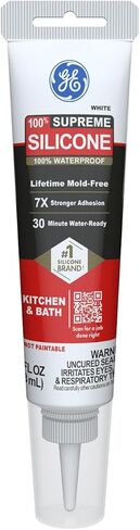 سدادة سيليكون سوبريم من GE للمطبخ والحمام - مانع تسرب سيليكون مقاوم للماء بنسبة 100%، التصاق أقوى 7 ​​مرات، مقاوم للانكماش والتشقق - أنبوب 2.8 أونصة سائلة، أبيض، عبوة واحدة in Kuwait