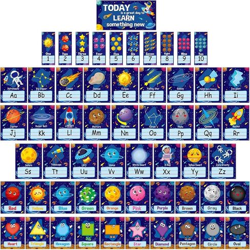 57PCS Outer Space Alphabet Number Bulletin Board Classroom Wall Letters Colors Shapes Poster ABC Number Lines Galaxy Educational Learning Cards for Teacher Preschool Kindergarten Decor in Kuwait