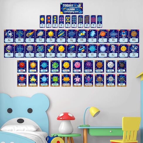 57PCS Outer Space Alphabet Number Bulletin Board Classroom Wall Letters Colors Shapes Poster ABC Number Lines Galaxy Educational Learning Cards for Teacher Preschool Kindergarten Decor in Kuwait