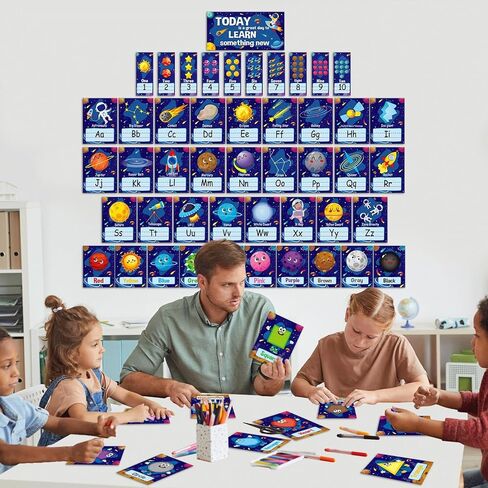 57PCS Outer Space Alphabet Number Bulletin Board Classroom Wall Letters Colors Shapes Poster ABC Number Lines Galaxy Educational Learning Cards for Teacher Preschool Kindergarten Decor in Kuwait