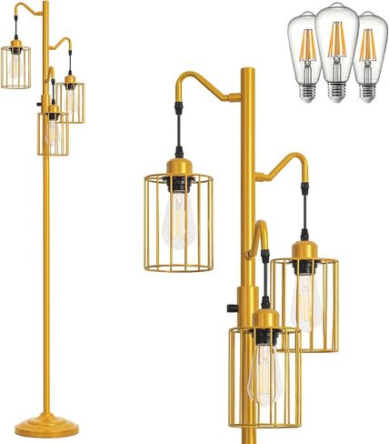 Dimmable Floor Lamp, 3 x 800LM LED Edison Bulbs Included, Standing Lamp, Farmhouse Industrial Vintage Corner Tall Tree Floor Lamps for Living Room Bedroom Office, Black in Saudi Arabia