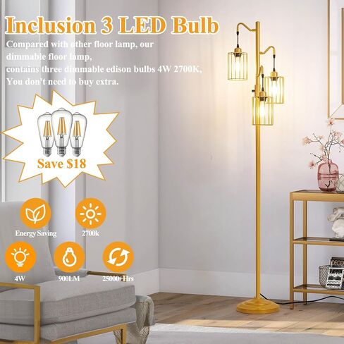 Dimmable Floor Lamp, 3 x 800LM LED Edison Bulbs Included, Standing Lamp, Farmhouse Industrial Vintage Corner Tall Tree Floor Lamps for Living Room Bedroom Office, Black in Saudi Arabia