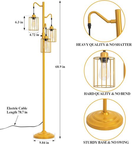 Dimmable Floor Lamp, 3 x 800LM LED Edison Bulbs Included, Standing Lamp, Farmhouse Industrial Vintage Corner Tall Tree Floor Lamps for Living Room Bedroom Office, Black in Saudi Arabia