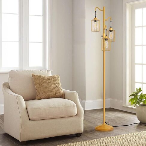 Dimmable Floor Lamp, 3 x 800LM LED Edison Bulbs Included, Standing Lamp, Farmhouse Industrial Vintage Corner Tall Tree Floor Lamps for Living Room Bedroom Office, Black in Saudi Arabia