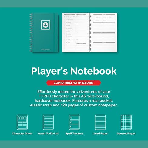 Roll & Play Press 5e Player's Quest Book: 120 صفحة ، مجلة أحرف A5 Hardback مع ورقة حرف DND ، الفذ والتعقب ، الورق المبطن والمزيد in Saudi Arabia