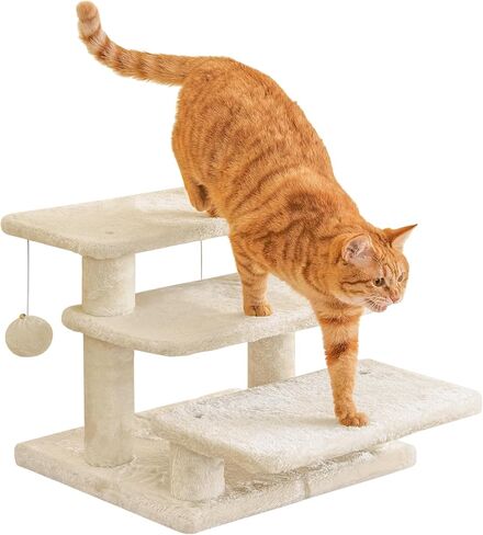 15''H Multi-Step Pet Stairs for High Beds & Sofas, 3-Step Cat Stairs with 2 Toy Balls, Wide Boards for Indoor Kittens Dogs Pets Climbing, Beige in Saudi Arabia