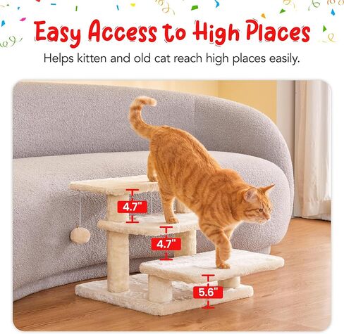 15''H Multi-Step Pet Stairs for High Beds & Sofas, 3-Step Cat Stairs with 2 Toy Balls, Wide Boards for Indoor Kittens Dogs Pets Climbing, Beige in Saudi Arabia