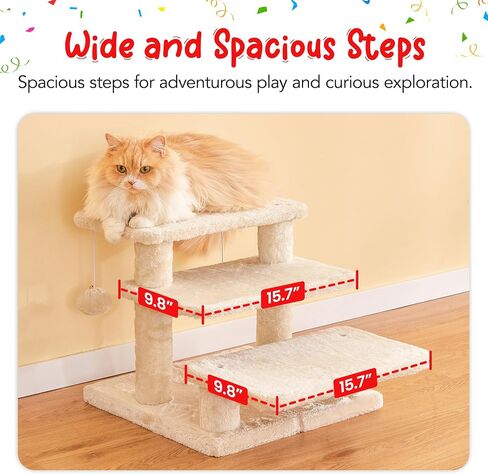 15''H Multi-Step Pet Stairs for High Beds & Sofas, 3-Step Cat Stairs with 2 Toy Balls, Wide Boards for Indoor Kittens Dogs Pets Climbing, Beige in Saudi Arabia
