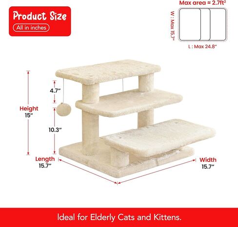 15''H Multi-Step Pet Stairs for High Beds & Sofas, 3-Step Cat Stairs with 2 Toy Balls, Wide Boards for Indoor Kittens Dogs Pets Climbing, Beige in Saudi Arabia