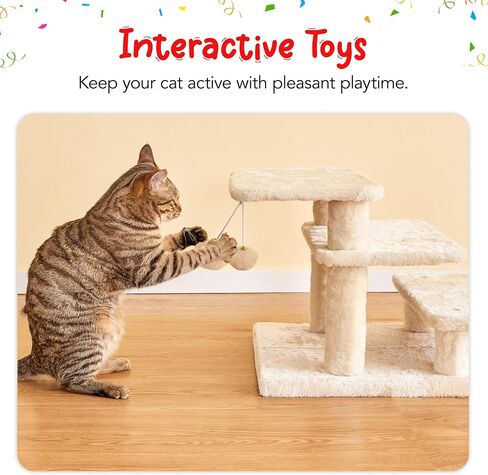 15''H Multi-Step Pet Stairs for High Beds & Sofas, 3-Step Cat Stairs with 2 Toy Balls, Wide Boards for Indoor Kittens Dogs Pets Climbing, Beige in Saudi Arabia