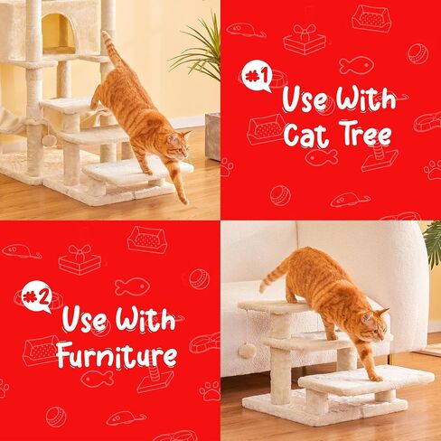 15''H Multi-Step Pet Stairs for High Beds & Sofas, 3-Step Cat Stairs with 2 Toy Balls, Wide Boards for Indoor Kittens Dogs Pets Climbing, Beige in Saudi Arabia