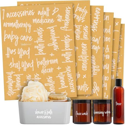 Talented Kitchen 192 Preprinted Bathroom Labels for Containers - White Script Stickers for Organizer Bins, Bath, Beauty Canisters, and Makeup Storage Organization (Water Resistant) in Kuwait