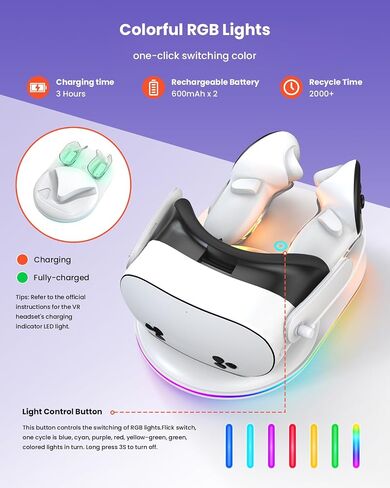 قاعدة شحن لـ Meta Oculus Quest 3: محطة شحن GEEKERA مع مؤشر LED، حامل شحن VR لسماعات الرأس وأجهزة التحكم Meta Quest 3، ملحقات الواقع الافتراضي مع بطاريتين قابلتين للشحن، شحن سريع in Kuwait