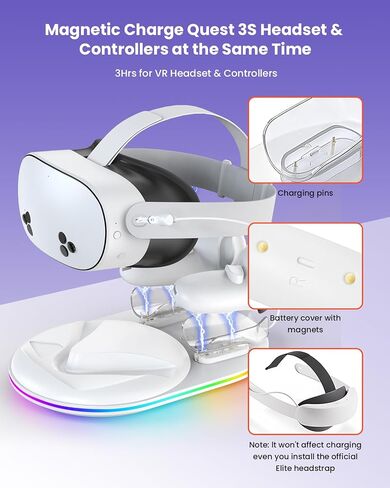 قاعدة شحن لـ Meta Oculus Quest 3: محطة شحن GEEKERA مع مؤشر LED، حامل شحن VR لسماعات الرأس وأجهزة التحكم Meta Quest 3، ملحقات الواقع الافتراضي مع بطاريتين قابلتين للشحن، شحن سريع in Kuwait