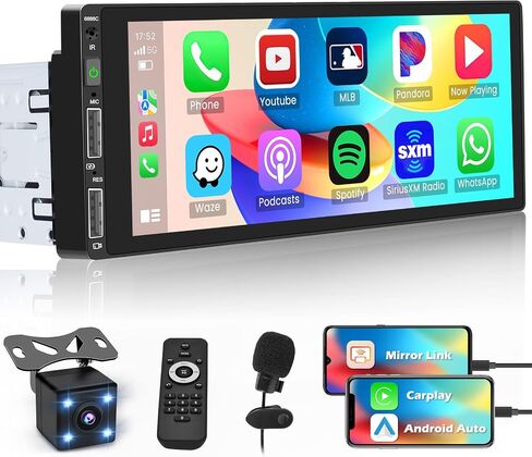 راديو سيارة ستيريو بشاشة لمس 6.9 بوصات من Apple Carplay مع بلوتوث 5.0 يدعم Android Auto Mirror Link FM EQ SWC، مستقبل صوت السيارة مع USB/SWC/MIC/TF/AUX-in in Kuwait