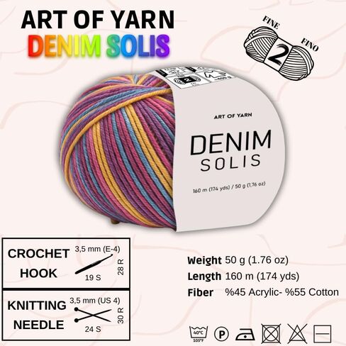 Variegated Yarn 55% Cotton,45% Poliacrylic,50g(1.76 Oz),160m(174 Yds) Soft & Smooth Yarn Sport – Fine(2) for Crocheting, Knitting, Amigurumi,Blankets,Garments (Rose Confetti, Denim Solis Pack 1) in Kuwait