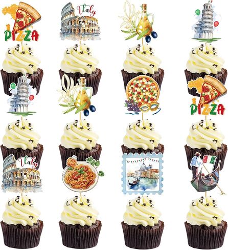 Italian Theme Party Decorations - 40 Pcs Italy Pizza Birthday Cupcake Toppers Picks, Rome Colosseum Spaghetti Cup Cake Topper, Buon Comleanno Summer Party Supplies Photo Background Decor in Kuwait