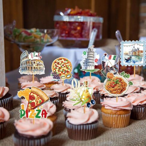 Italian Theme Party Decorations - 40 Pcs Italy Pizza Birthday Cupcake Toppers Picks, Rome Colosseum Spaghetti Cup Cake Topper, Buon Comleanno Summer Party Supplies Photo Background Decor in Kuwait