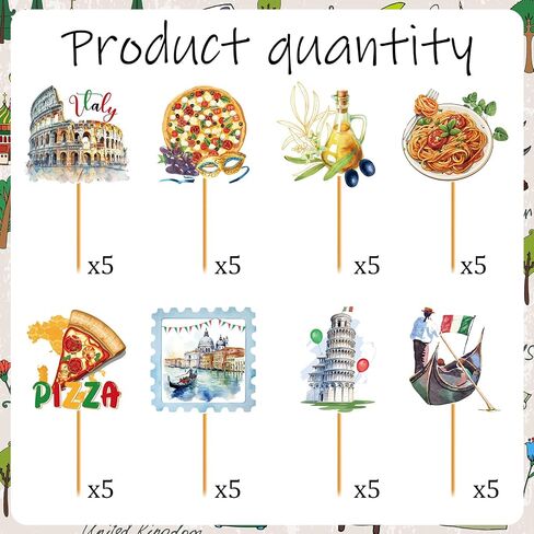 Italian Theme Party Decorations - 40 Pcs Italy Pizza Birthday Cupcake Toppers Picks, Rome Colosseum Spaghetti Cup Cake Topper, Buon Comleanno Summer Party Supplies Photo Background Decor in Kuwait