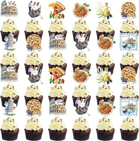 Italian Theme Party Decorations - 40 Pcs Italy Pizza Birthday Cupcake Toppers Picks, Rome Colosseum Spaghetti Cup Cake Topper, Buon Comleanno Summer Party Supplies Photo Background Decor in Kuwait