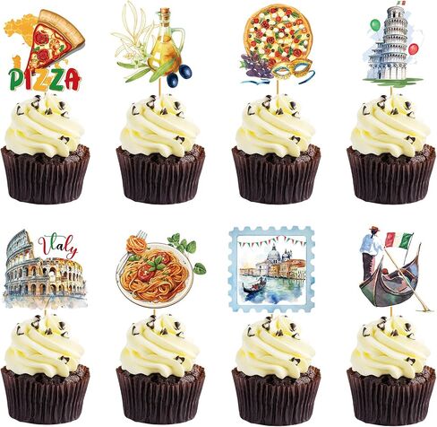 Italian Theme Party Decorations - 40 Pcs Italy Pizza Birthday Cupcake Toppers Picks, Rome Colosseum Spaghetti Cup Cake Topper, Buon Comleanno Summer Party Supplies Photo Background Decor in Kuwait