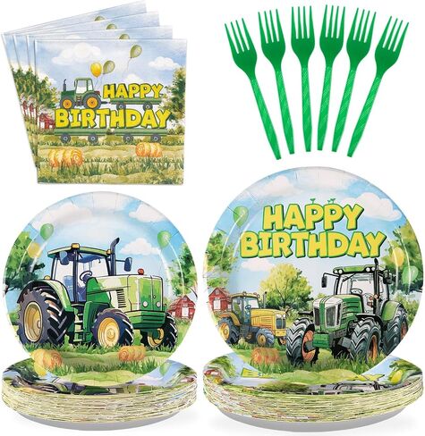 Grencian 96Pcs Tractor Birthday Party Decorations Tractor Birthday Plates and Napkins Disposable Green Tractors Paper Tableware Set for Kids Boys Farm Baby Shower Tractor Lawn Party Supplies Serve 24 in Saudi Arabia