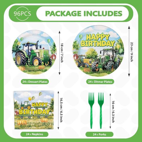 Grencian 96Pcs Tractor Birthday Party Decorations Tractor Birthday Plates and Napkins Disposable Green Tractors Paper Tableware Set for Kids Boys Farm Baby Shower Tractor Lawn Party Supplies Serve 24 in Saudi Arabia