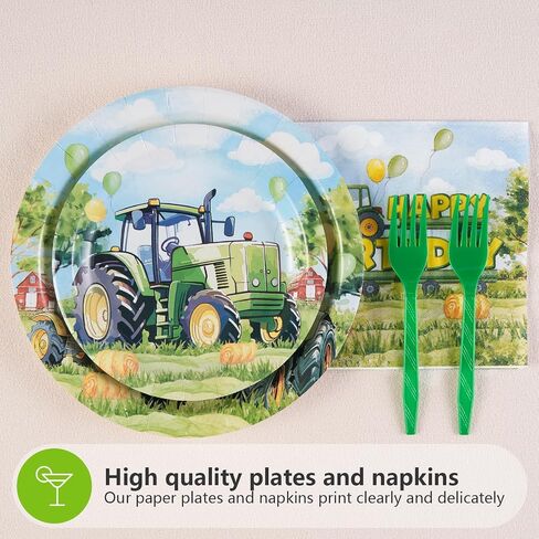 Grencian 96Pcs Tractor Birthday Party Decorations Tractor Birthday Plates and Napkins Disposable Green Tractors Paper Tableware Set for Kids Boys Farm Baby Shower Tractor Lawn Party Supplies Serve 24 in Saudi Arabia