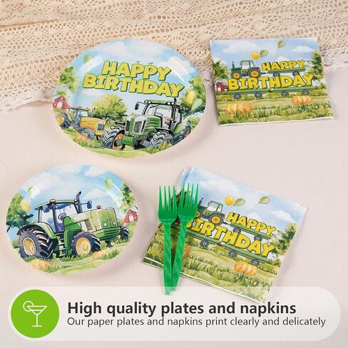 Grencian 96Pcs Tractor Birthday Party Decorations Tractor Birthday Plates and Napkins Disposable Green Tractors Paper Tableware Set for Kids Boys Farm Baby Shower Tractor Lawn Party Supplies Serve 24 in Saudi Arabia