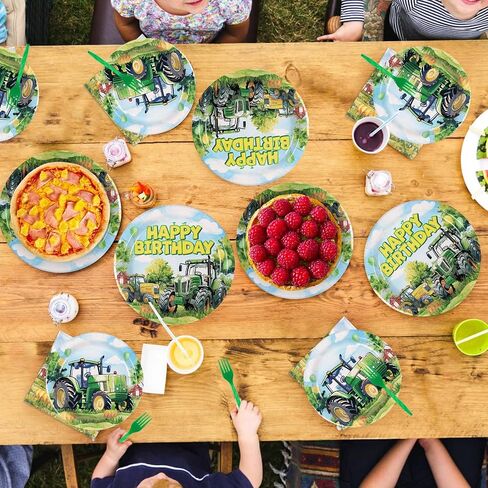 Grencian 96Pcs Tractor Birthday Party Decorations Tractor Birthday Plates and Napkins Disposable Green Tractors Paper Tableware Set for Kids Boys Farm Baby Shower Tractor Lawn Party Supplies Serve 24 in Saudi Arabia
