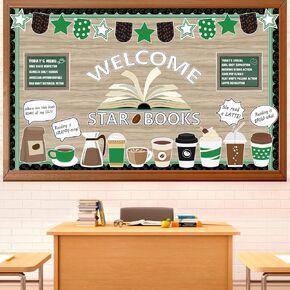 Coffee Bulletin Board Set Coffee Cup Classroom Decoration Reading Themed Paper Cutouts Welcome Star Books Bulletin Board Border for Back to School Nursery Chalkboard Classroom Door Wall Teacher Decor