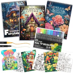 3Pcs Adult Coloring Book for Women Relaxation, 36 Colors Markers with Spiral Bound Adult Coloring Book for Women, 36 Dual Tip Colors Markers, Anxiety Relief Mindfulness Gifts(Cottage & Garden & House)