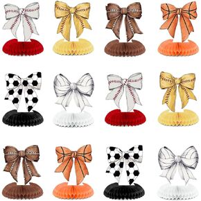 12 Pcs Sports Themed Birthday Party Decorations Bow Sports Table Honeycomb Centerpieces Baseball Soccer Basketball Table Centerpieces for Birthday Party Supplies
