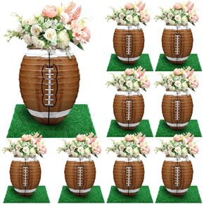 8 Pcs 12 Inches Football Table Centerpiece Paper Lantern with 8 Pcs Fake Grass Squares Football Centerpiece Decoration Set Paper Sports Ball Lantern Faux Grass Turf Patch Game Party Supplies