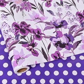 Dtiafu Reversible Floral Wrapping Paper Roll for Her Mom Women Girls - Purple Floral and Dot Design Gift Wrap for Birthday Wedding Holiday Bridal Shower Mothers Day Spring Summer(Total 28.5sq.ft)