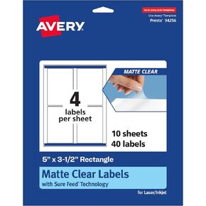 Avery Matte Clear Rectangle Labels, Sure Feed Technology, 5" x 3.5", 40 Matte Clear Labels, Laser/Inkjet Printable
