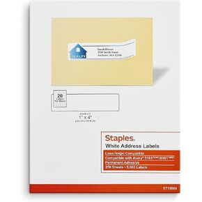 Staples Laser/Inkjet Address Labels, 1-inch x 4-inch, Bright White, 20 Labels/Sheet, 10000/Carton (ST18064-CCVS)