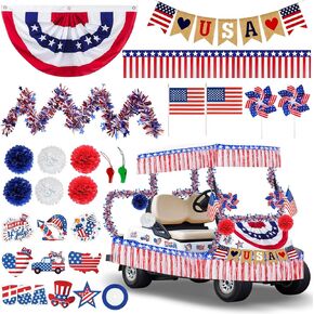 Cinrobiye 4th of July Golf Cart Decoration Kit Patriotic Parade Golf Cart Parade Car Decor with USA Bunting Flag Paper Fans Tinsel Garland Cutout Pinwheel for Independence Day Party Decor Supplies
