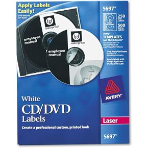 Avery 5697 CD/DVD Labels, Laser, 250/PK, White