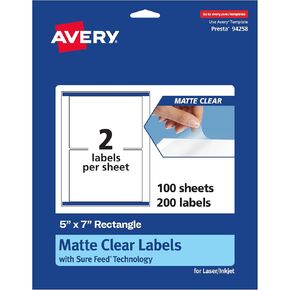 Avery Matte Clear Rectangle Labels, Sure Feed Technology, 5" x 7", 20 Matte Clear Labels, Laser/Inkjet Printable