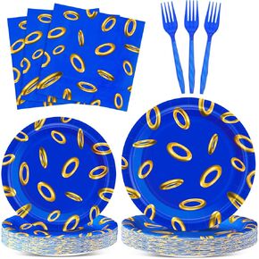 96 Pcs Blue with Gold Ring Plates and Napkins Video Games Party Supplies Cartoon Tinsel Themed Disposable Tableware Set for 24 Guests Birthday Party Decoration