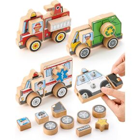 SainSmart Jr. Emergency Vehicle Toys Snap & Take-Apart, Wooden Car Toys for Toddlers, Including Play Police Car, Fire Truck, Garbage Truck, Ambulance - Montessori Gifts for Preschool Children