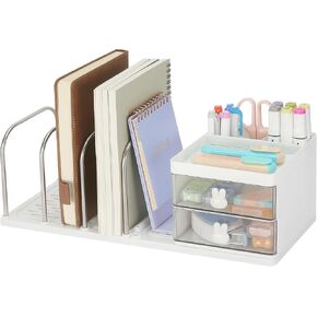 LETURE Desk Organizer with 2 Drawer, Pen Pencil Mail File Holder for Desk with Detachable Bookend, Stationery Accessories Storage Box for Office Supplies, Makeup, Jewelry for Home, Office (White)