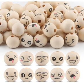 100PCS Wooden Beads for Crafts, 20mm Smile Wooden Beads with Holes, Natural Round Face Wood Beads for DIY Crafts, Jewelry Making, Angel Decorations(Style 2)