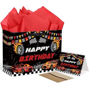 SolarGlory Race Car Gift Bag - Extra Large Cars Gift Bags for Birthday, Race Car Wrapping Paper Alternative with Card & Tissue Paper, Birthday Boy Gift Bag for Race Car Party Decorations