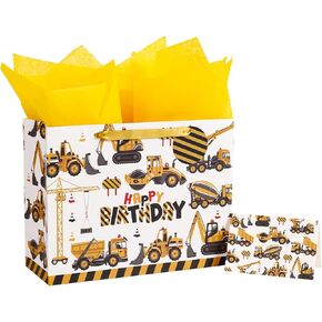 Loveinside Monster Truck Birthday Gift Bag for Boys, Big Wheels Truck & Flames Design, Medium Size Gift Bag with Tissue Paper, Tag, Greeting Card, Ideal for Kids' Birthday, 13" x 5" x 10", 1 Pcs