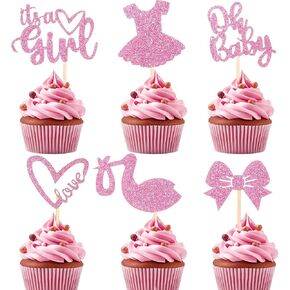 42Pcs Gender Reveal Cupcake Toppers,Pink Baby Shower Cupcake Toppers It's a Girl Baby Shower Decorations Bow Dress for Birthday Party Decorations Supplies