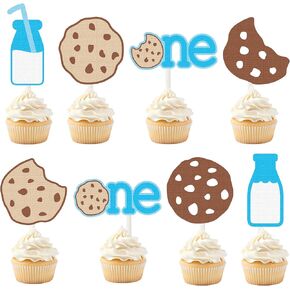 One Cookie Cupcake Toppers 48PCS Milk and Cookies First Birthday Decorations Sweet Cookies Milk Party Cupcake Picks Cookies One Cake Decorations for 1st Birthday Baby Shower Supplies
