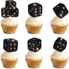 18pcs Black Gold Glitter Dice Dessert Cupcake Topper Pick for Jackpot Gamble Dollar Theme Decor Supplies Men Woman Happy Birthday Las Vegas Nigh Party Decorations