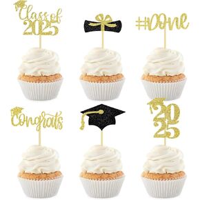 24Pcs Graduation Cupcake Toppers Glitter Congrats Grad Diploma 2025 Graduation Cap Cupcake Picks Class of 2025 Cake Decorations for 2025 Theme Party Supplies(Blue)